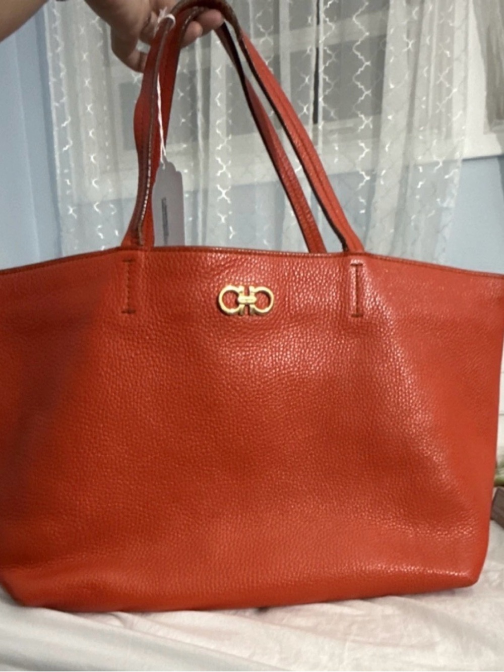 Salvatore Ferragamo Red-Orange Pebbled Leather Tote with Gold Gancini